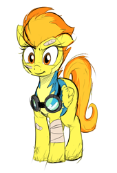 Size: 580x851 | Tagged: artist needed, source needed, safe, derpibooru import, spitfire, pegasus, pony, bandage, bandaid, clothes, female, floppy ears, goggles, injured, mare, simple background, solo, white background, wonderbolt trainee uniform