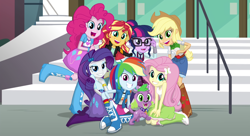 Size: 2978x1622 | Tagged: safe, screencap, applejack, fluttershy, pinkie pie, rainbow dash, rarity, sci-twi, spike, spike the regular dog, sunset shimmer, twilight sparkle, dog, equestria girls, friendship games, canterlot high, clothes, crystal prep academy uniform, group photo, humane five, humane seven, humane six, logo, open mouth, photo, right there in front of me, school uniform, smiling