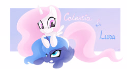 Size: 2997x1689 | Tagged: safe, artist:black-cat-kira, princess celestia, princess luna, alicorn, pony, angry, annoyed, cewestia, female, filly, frown, gritted teeth, pink-mane celestia, prone, royal sisters, smiling, woona, younger