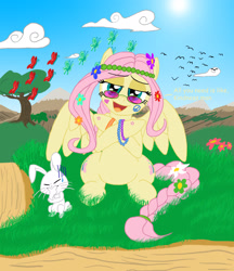 Size: 2203x2552 | Tagged: safe, artist:blood-asp0123, angel bunny, fluttershy, pegasus, pony, facepalm, hippie, hippieshy, sunglasses, tattoo