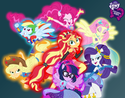 Size: 2000x1572 | Tagged: safe, artist:sapphiregamgee, applejack, fluttershy, pinkie pie, rainbow dash, rarity, sci-twi, sunset shimmer, twilight sparkle, equestria girls, equestria girls series, armpits, arms in the air, bare shoulders, equestria girls logo, eyes closed, eyeshadow, fingerless gloves, humane five, humane seven, humane six, jewelry, long gloves, ponied up, pony ears, super ponied up, tiara, wings
