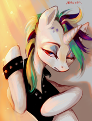 Size: 2105x2775 | Tagged: safe, artist:utauyan, rarity, pony, unicorn, it isn't the mane thing about you, alternate hairstyle, clothes, female, mare, one eye closed, punk, raripunk, short hair, solo, wink