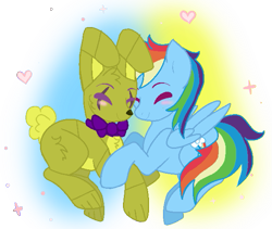 Size: 611x516 | Tagged: safe, artist:aishyu, derpibooru import, rainbow dash, pegasus, pony, rabbit, animal, animatronic, base used, blushing, bowtie, chest fluff, crossover, crossover shipping, eyes closed, female, five nights at freddy's, heart, male, mare, rainbowtrap, scar, shipping, springtrap, straight