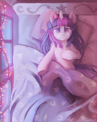 Size: 734x927 | Tagged: safe, artist:mewball, derpibooru import, twilight sparkle, twilight sparkle (alicorn), alicorn, pony, alone, bed, crying, fairy lights, feels, female, high angle, lonely, lying, mare, on back, sad, sheet, solo