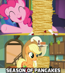 Size: 633x702 | Tagged: safe, edit, screencap, applejack, pinkie pie, earth pony, pony, bloom and gloom, castle sweet castle, caption, image macro, pancakes