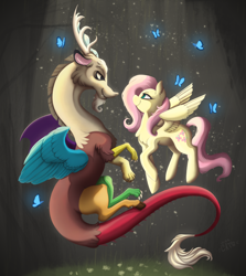 Size: 1782x2000 | Tagged: dead source, safe, artist:miss-cats, discord, fluttershy, butterfly, pegasus, pony, discoshy, female, male, shipping, straight