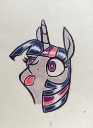 Size: 704x960 | Tagged: safe, artist:vampireselene13, derpibooru import, twilight sparkle, derp, solo, tongue out, traditional art