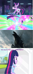 Size: 912x2004 | Tagged: safe, derpibooru import, spike, twilight sparkle, twilight sparkle (alicorn), alicorn, kaiju, equestria girls, godzilla, godzilla (series), godzilla 2014, mirror, portal, roar