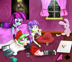 Size: 2300x2000 | Tagged: safe, artist:katakiuchi4u, derpibooru import, drama letter, mystery mint, starlight, watermelody, equestria girls, background human, beanie (plushie), bed, bedroom, beret, boots, clothes, computer, cute, food, high heel boots, laptop computer, off shoulder, pantyhose, pizza, plushie, ripped pantyhose, shirt, skirt, smiling, trio