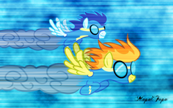 Size: 1280x800 | Tagged: safe, artist:mapafapa, derpibooru import, soarin', spitfire, pegasus, pony, wallpaper, wonderbolts