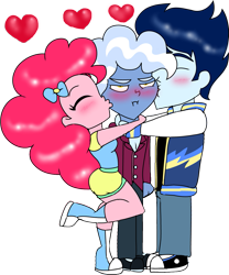 Size: 971x1167 | Tagged: safe, artist:purfectprincessgirl, pinkie pie, pokey pierce, soarin', equestria girls, friendship games, annoyed, bisexual, blushing, chibi, female, gay, gay in front of girls, heart, hug, kiss on the cheek, kiss sandwich, kissing, male, ot3, pinkie pie gets all the stallions, pokeypie, shipping, soarinpie, soarinpokeypie, straight, tsundere