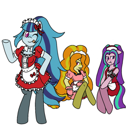 Size: 1000x1000 | Tagged: safe, artist:ask-sonatadusk, derpibooru import, adagio dazzle, aria blaze, sonata dusk, semi-anthro, anatomically incorrect, clothes, cute, dress, incorrect leg anatomy, looking at you, maid, pantyhose, sirens doing siren things, smiling, tongue out