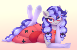 Size: 1731x1119 | Tagged: safe, artist:sparkling_light, oc, oc only, oc:cinnabyte, anthro, earth pony, unguligrade anthro, adorasexy, adorkable, anthro oc, bedroom eyes, clothes, cute, dork, dress, female, glasses, gloves, looking at you, mare, prone, sexy, smiling, smiling at you, socks, solo, stockings, the pose, thigh highs, ych result
