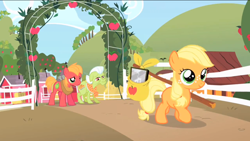 Size: 1148x648 | Tagged: safe, screencap, applejack, big macintosh, granny smith, earth pony, pony, the cutie mark chronicles, colt, filly, male, stallion, younger