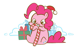 Size: 1500x950 | Tagged: safe, artist:coggler, artist:frog&cog, artist:gopherfrog, pinkie pie, earth pony, pony, candy, candy cane, chibi, christmas, cute, diapinkes, food, hat, nom, present, santa hat, solo