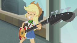 Size: 1280x720 | Tagged: safe, screencap, applejack, a case for the bass, equestria girls, rainbow rocks, bass guitar, musical instrument, solo