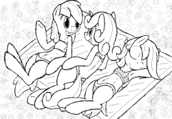 Size: 1087x753 | Tagged: safe, artist:tg-0, apple bloom, scootaloo, sweetie belle, arm behind head, armpits, bikini, clothes, cutie mark crusaders, monochrome, on back, swimsuit