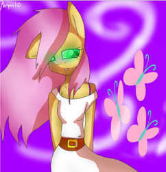 Size: 900x928 | Tagged: safe, artist:korynn10, fluttershy, anthro, clothes, female, pink hair, solo, yellow coat