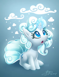 Size: 618x800 | Tagged: safe, artist:imdrunkontea, rarity, pony, unicorn, it isn't the mane thing about you, alola form, alolan vulpix, blue background, cloud mane, crossover, cute, gradient background, looking up, magic, open mouth, pokefied, pokémon, raribetes, signature, simple background, solo, species swap, vulpix