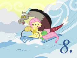 Size: 800x600 | Tagged: safe, artist:mod-named-carot, discord, fluttershy, pegasus, pony, sled, snow