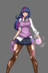 Size: 1280x1940 | Tagged: safe, artist:leonkennedy141, derpibooru import, twilight sparkle, human, breasts, clothes, female, glowing hands, gun, handgun, headlight sparkle, humanized, legs, magic, miniskirt, nail polish, pantyhose, pistol, pleated skirt, ripped pantyhose, school uniform, shirt, simple background, skirt, smith & wesson, solo, sweater vest, thighs, torn clothes, vest