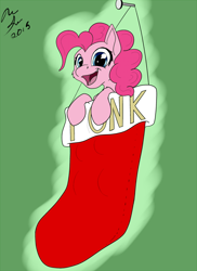 Size: 800x1101 | Tagged: safe, artist:jinyaranda, pinkie pie, earth pony, pony, christmas, christmas stocking, cute, fluffy, looking at you, open mouth, ponk, smiling, solo