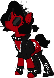 Size: 409x583 | Tagged: safe, alternate version, artist:doyouarehavestupid, oc, oc only, oc:thrash fire, earth pony, pony, boots, choker, cigarette, clothes, ear piercing, earring, eyes closed, eyeshadow, female, fingerless gloves, gloves, headband, high heel boots, jacket, jewelry, leather jacket, lipstick, makeup, mare, piercing, running makeup, shoes, simple background, smoking, socks, solo, spiked choker, spiked wristband, stockings, thigh highs, transparent background, wristband