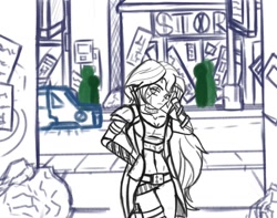 Size: 1008x793 | Tagged: safe, artist:midnight-note, sunset shimmer, equestria girls, belt, cyberpunk, sketch, solo, wip