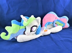 Size: 3648x2678 | Tagged: safe, artist:kazzysart, princess celestia, alicorn, pony, beanie (plushie), irl, photo, plushie, prone, smiling, solo