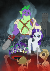 Size: 2480x3508 | Tagged: safe, artist:fuzzbird, rarity, spike, dragon, pony, skeleton pony, unicorn, army of darkness, beefspike, bone, chainsaw, evil dead, female, male, parody, shipping, skeleton, sparity, straight