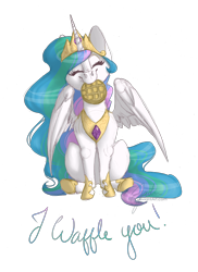 Size: 5100x7014 | Tagged: safe, artist:flita, princess celestia, alicorn, pony, absurd resolution, cute, cutelestia, eyes closed, female, food, mare, mouth hold, simple background, sitting, smiling, solo, spread wings, transparent background, waffle