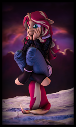 Size: 3840x6400 | Tagged: safe, artist:imafutureguitarhero, sunset shimmer, anthro, unguligrade anthro, unicorn, 3d, :i, absurd file size, absurd resolution, boots, border, bored, chromatic aberration, clothes, cloud, colored eyebrows, colored eyelashes, crossed legs, cute, female, film grain, floppy ears, hands on cheeks, hands on head, hoodie, horn, jacket, jeans, leather, leather boots, leather jacket, long hair, long mane, mare, multicolored hair, multicolored mane, multicolored tail, nose wrinkle, outdoors, pants, prehensile tail, revamped anthros, revamped ponies, scrunchy face, shimmerbetes, shoes, signature, solo, source filmmaker, tail stand, vertical
