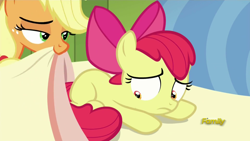 Size: 1920x1080 | Tagged: safe, screencap, apple bloom, applejack, earth pony, pony, bloom and gloom, lidded eyes, out of context