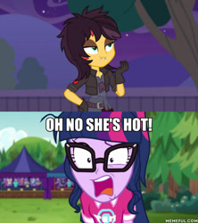 Size: 600x675 | Tagged: safe, edit, edited screencap, screencap, sci-twi, sunset shimmer, twilight sparkle, better together, choose your own ending, costume conundrum, equestria girls, the road less scheduled, caption, female, image macro, lesbian, oh no he's hot, scitwishimmer, shipping, shrunken pupils, spongebob squarepants, squilliam returns, sunsetsparkle, text, vampire shimmer