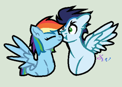 Size: 410x290 | Tagged: safe, artist:brendalobinha, derpibooru import, edit, rainbow dash, soarin', pegasus, pony, :t, base used, eyes closed, female, green background, kissing, male, puffy cheeks, shipping, simple background, soarindash, spread wings, straight, wings