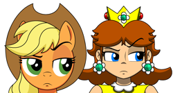 Size: 2000x1070 | Tagged: safe, artist:koopa-master, applejack, human, three's a crowd, applejack's eyebrow, crossover, eyebrows, parody, princess daisy, raised eyebrow, super mario bros., super mario land, suspicious face