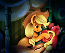 Size: 1024x840 | Tagged: safe, artist:shivall, apple bloom, applejack, earth pony, pony, bloom and gloom, bed, sisters