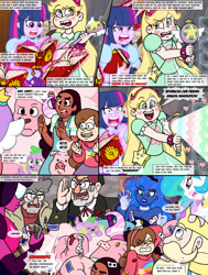 Size: 1500x1980 | Tagged: safe, artist:yogurthfrost, princess celestia, princess luna, spike, twilight sparkle, big cat, lion, equestria girls, alternate costumes, bracelet, breasts, cleavage, connie maheswaran, crossover, dipper pines, ford pines, garnet (steven universe), gravity falls, grunkle stan, jewelry, king river butterfly, mabel pines, spiked wristband, star butterfly, star vs the forces of evil, steven universe, waddles, wristband
