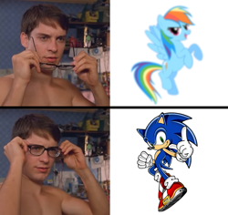 Size: 690x651 | Tagged: safe, derpibooru import, rainbow dash, human, pegasus, pony, comparison, exploitable meme, glasses, meme, peter parker, sonic the hedgehog, sonic the hedgehog (series), spider-man