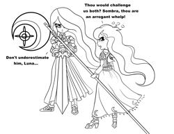 Size: 1343x1038 | Tagged: safe, artist:root, princess celestia, princess luna, human, armor, humanized, sketch, sword, weapon