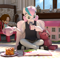 Size: 1500x1500 | Tagged: safe, artist:tahublade7, derpibooru import, princess flurry heart, alicorn, anthro, plantigrade anthro, 3d, book, cake, clothes, cup, cute, doll, dollhouse, flurrybetes, food, legs, mary janes, panties, pantyhose, polka dot underwear, skirt, skirt lift, solo, teacup, teapot, teddy bear, tights, toy, underwear, upskirt, white underwear