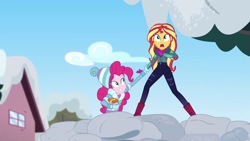 Size: 1280x720 | Tagged: safe, screencap, pinkie pie, sunset shimmer, better together, equestria girls, holidays unwrapped, saving pinkie's pie, snowball fight