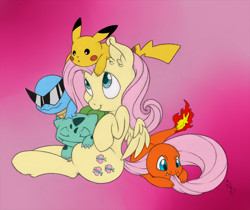 Size: 1000x841 | Tagged: safe, artist:dfectivedvice, artist:dragonfoorm, fluttershy, pegasus, pikachu, pony, bulbasaur, charmander, colored sketch, crossover, pokémon, squirtle