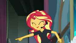 Size: 1920x1080 | Tagged: safe, screencap, sunset shimmer, all the world's off stage, better together, equestria girls, female, headset, solo