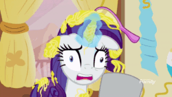 Size: 1000x562 | Tagged: safe, screencap, rarity, pony, unicorn, it isn't the mane thing about you, animated, derp, floppy ears, gif, silly string, solo