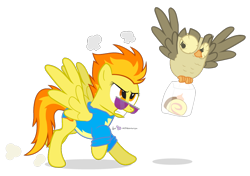 Size: 850x600 | Tagged: safe, artist:dm29, derpibooru import, owlowiscious, spitfire, cake, chase, duo, simple background, thief, transparent background, wonderbolts uniform