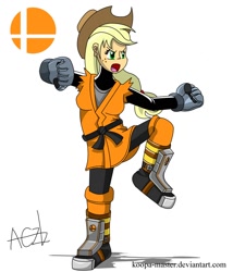 Size: 1200x1400 | Tagged: safe, artist:koopa-master, applejack, human, clothes, cosplay, fighting stance, humanized, mii brawler, mii fighters, pose, super smash bros., super smash bros. 4