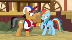 Size: 1920x1080 | Tagged: safe, derpibooru import, screencap, quibble pants, rainbow dash, earth pony, pegasus, pony, common ground, appleloosa, baseball cap, book, cap, clothes, duo, female, hat, kissy face, male, mare, mid-blink screencap, raised hoof, scarf, shirt, slap, stallion