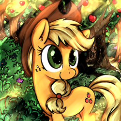 Size: 1000x1000 | Tagged: safe, artist:mrpotat0wned, applejack, earth pony, pony, apple, apple tree, cute, forest, jackabetes, looking back, smiling, solo, tree