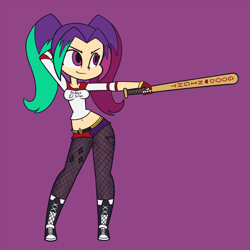 Size: 1800x1800 | Tagged: safe, artist:khuzang, derpibooru import, aria blaze, equestria girls, rainbow rocks, aria bazookas, baseball bat, belly button, breasts, clothes, crossover, dc comics, female, fishnets, harley quinn, midriff, pants, pantyhose, purple background, shirt, simple background, smiling, solo